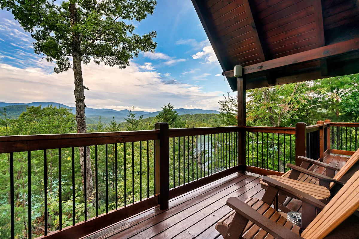 Covered deck with full mountain panorama